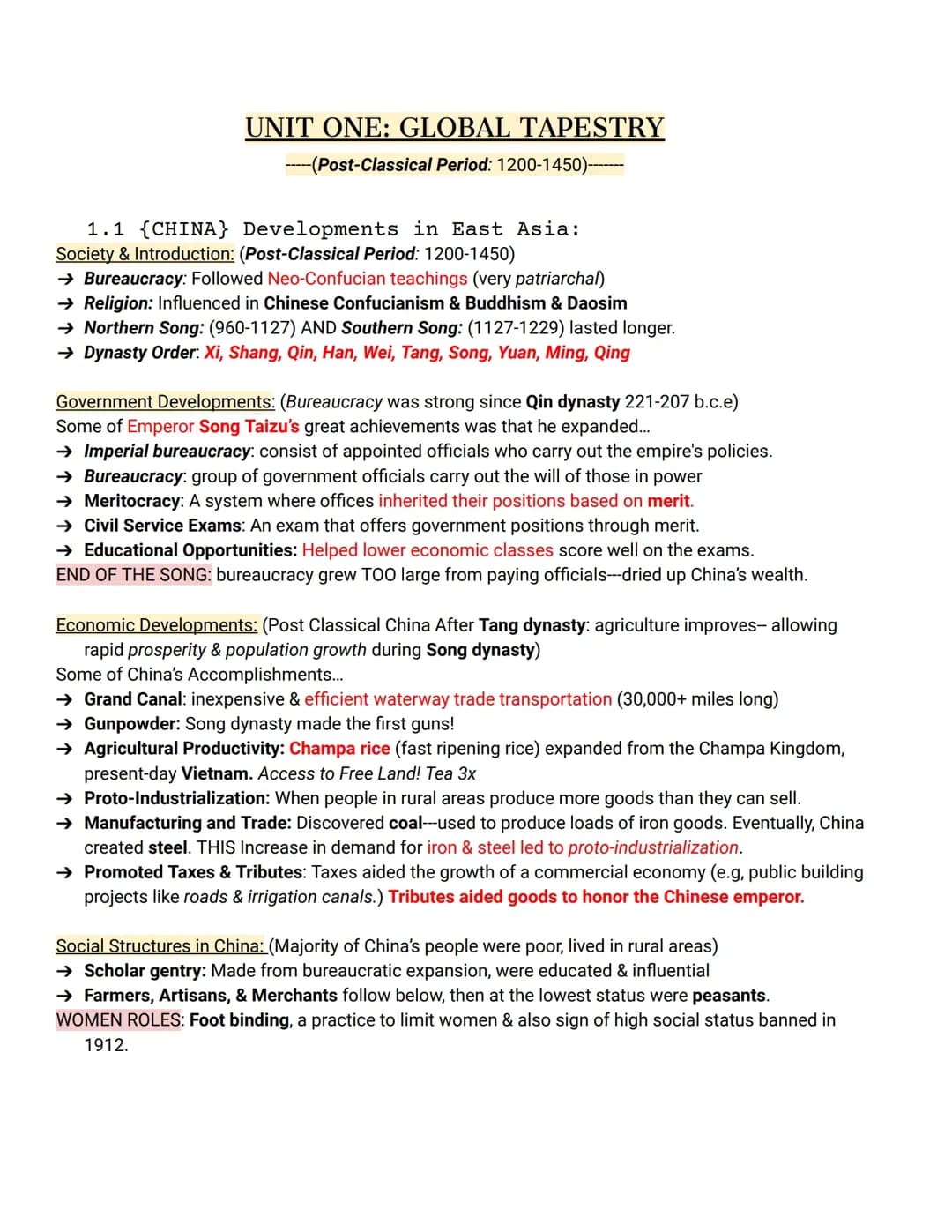 AP World History Notes: Post Classical China and East Asia (1200-1450) PDF & Quizlet Resources