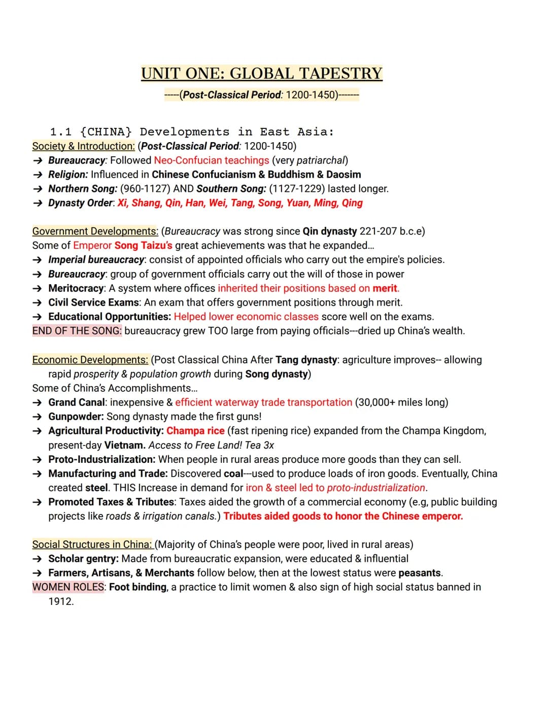 UNIT ONE: GLOBAL TAPESTRY
-----(Post-Classical Period: 1200-1450)-------
1.1 (CHINA} Developments in East Asia:
Society & Introduction: (Pos