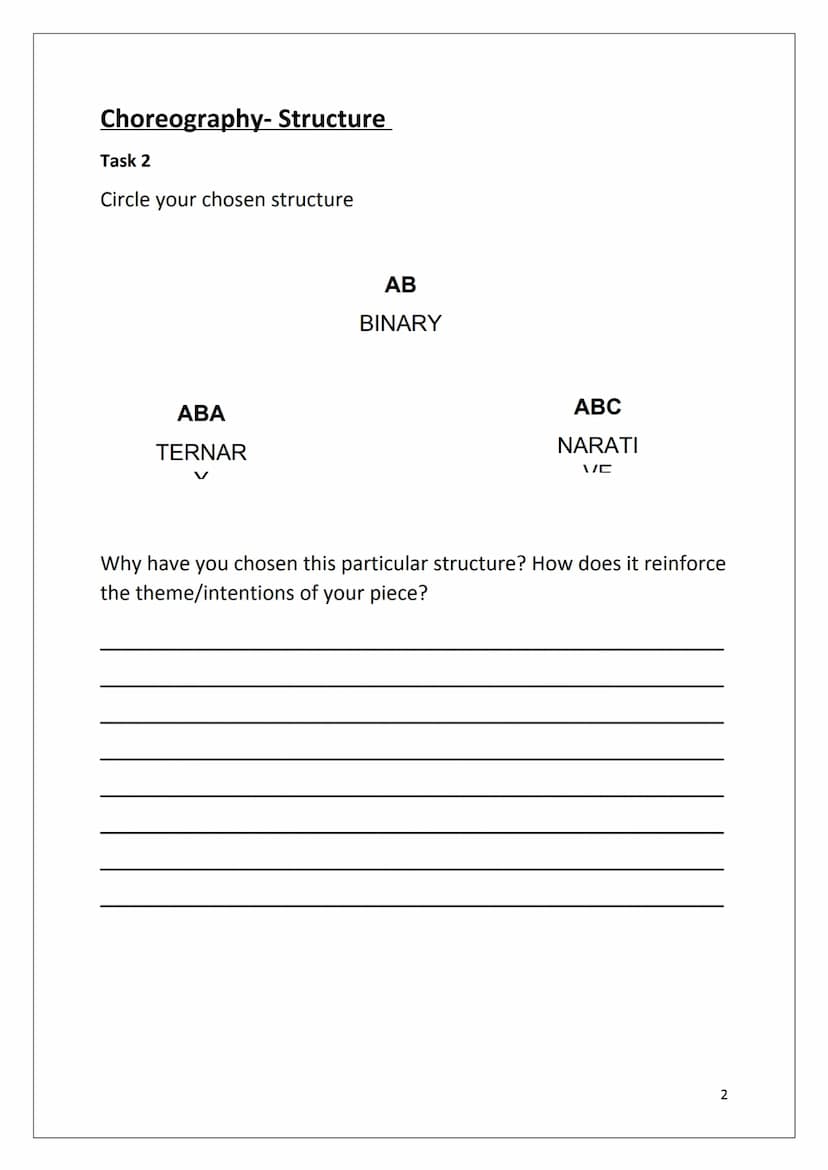 St Ninian's High
School
National 5 Dance
Choreography
NINIAN
DANCE
ST
1 Choreography- Structure
Task 2
Circle your chosen structure
ABA
TERN