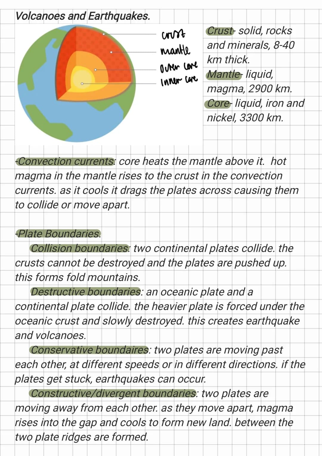 Volcanoes and Earthquakes.
C
crist
mantle
-Plate Boundaries.
Octer love
Inner care
Crust- solid, rocks
and minerals, 8-40
km thick.
Mantle-l