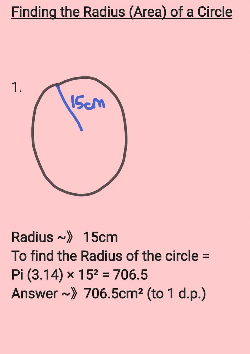 Circumference ~» The perimeter of
thr circle / distance around the
circle
Radius ~ The line that starts from
the edge of a circle to its mid