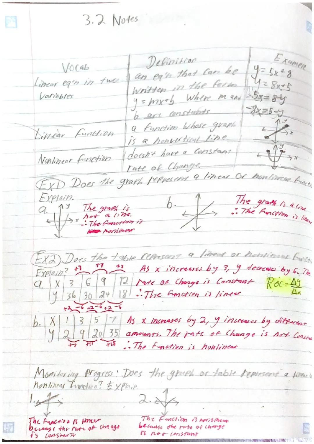 3.2 Notes

| Vocab | Definition | Example |
|---|---|---|
| Linear eq'n in twee | an eq's that can be | y=5x+8 |
| Variables | Written in th