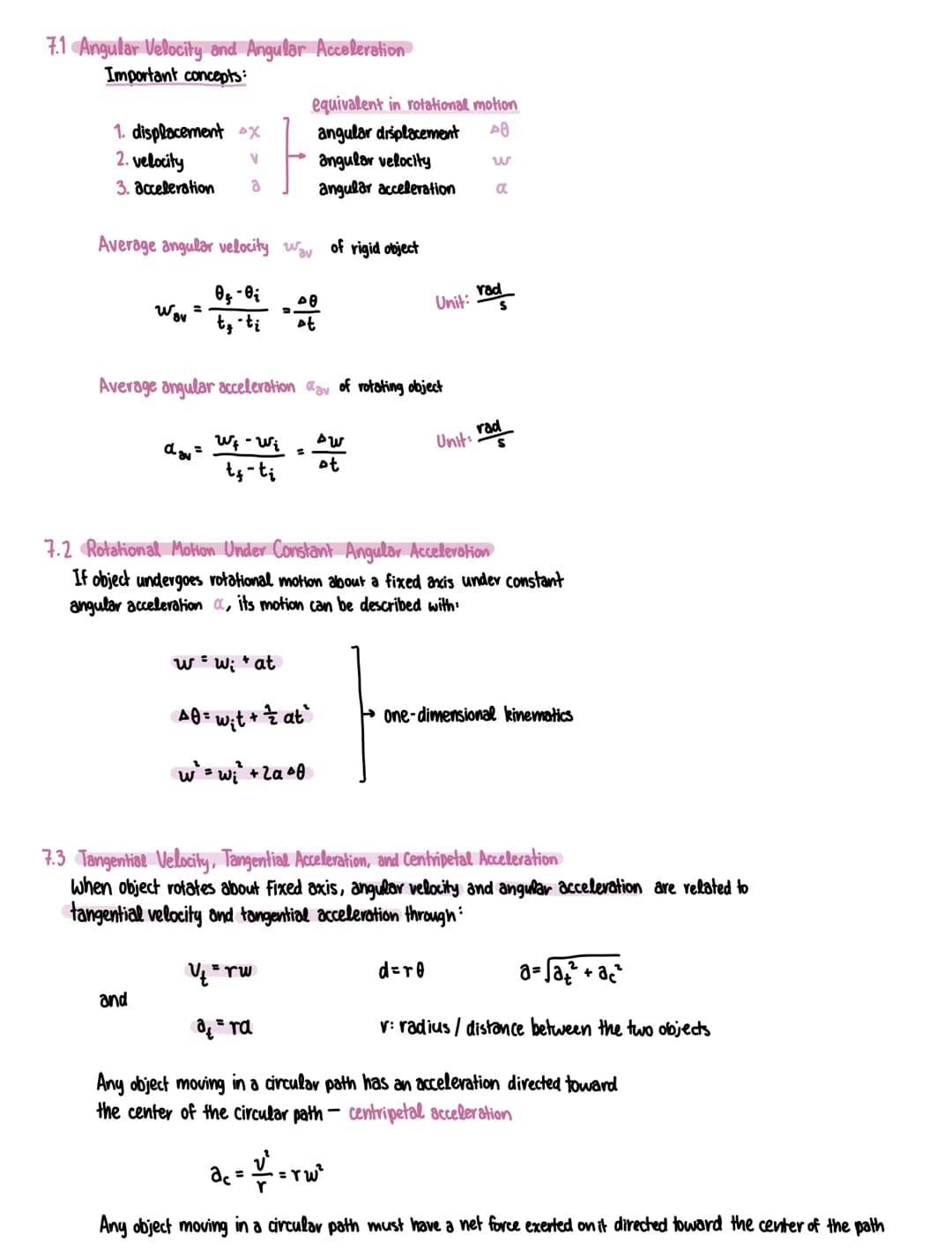 7.1 Angular Velocity and Angular Acceleration
Important concepts:
1. displacement x
2. velocity
V
3. acceleration a
Average angular velocity