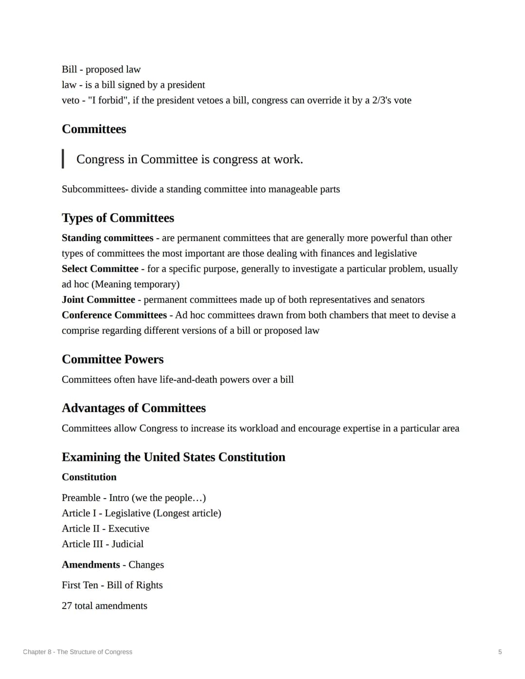 CO
Chapter 8- The Structure of
Congress
Intro
Congress is the first branch of government, this is addressed in Article One of the Constituti