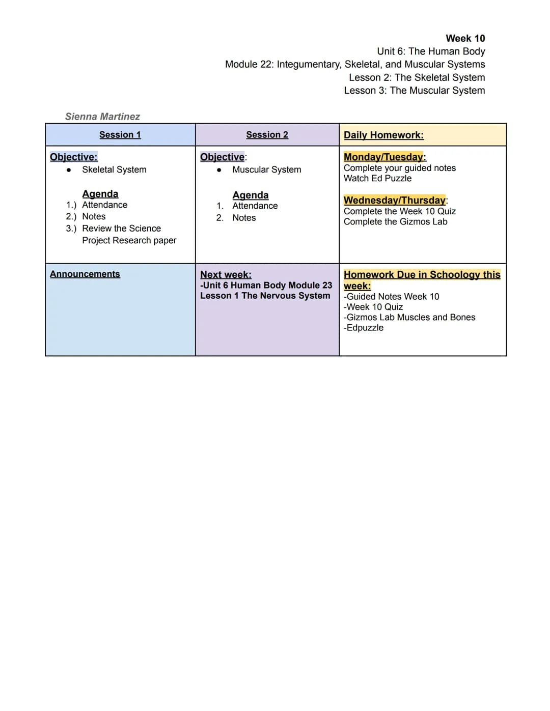 Sienna Martinez
Session 1
Objective:
● Skeletal System
Agenda
1.) Attendance
2.) Notes
3.) Review the Science
Project Research paper
Announc