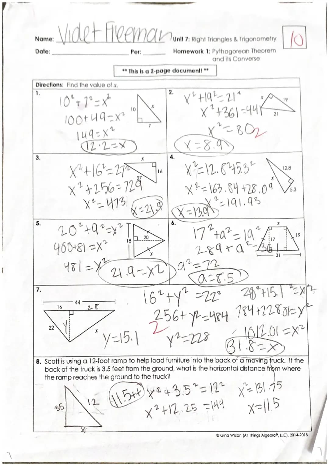 Unit 7: Right Triangles & Trigonometry Homework 1: Pythagorean Theorem and its Converse 