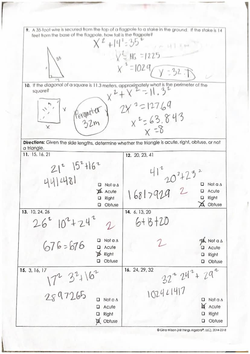 Name:
Date:
•Videt Freeman
Directions: Find the value of x.
1.
3.
10² + 7² = x²
100+49=x²
149=x2
Per:
Unit 7: Right Triangles & Trigonometry