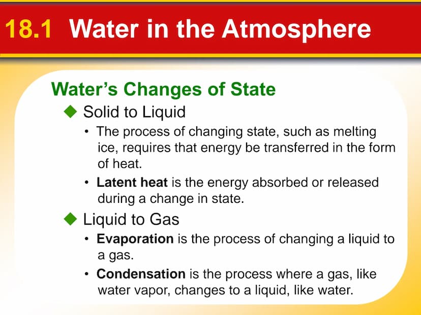 Chapter Moisture, Clouds,
18 and Precipitation 18.1 Water in the Atmosphere
Water's Changes of State
Precipitation is any form of water that