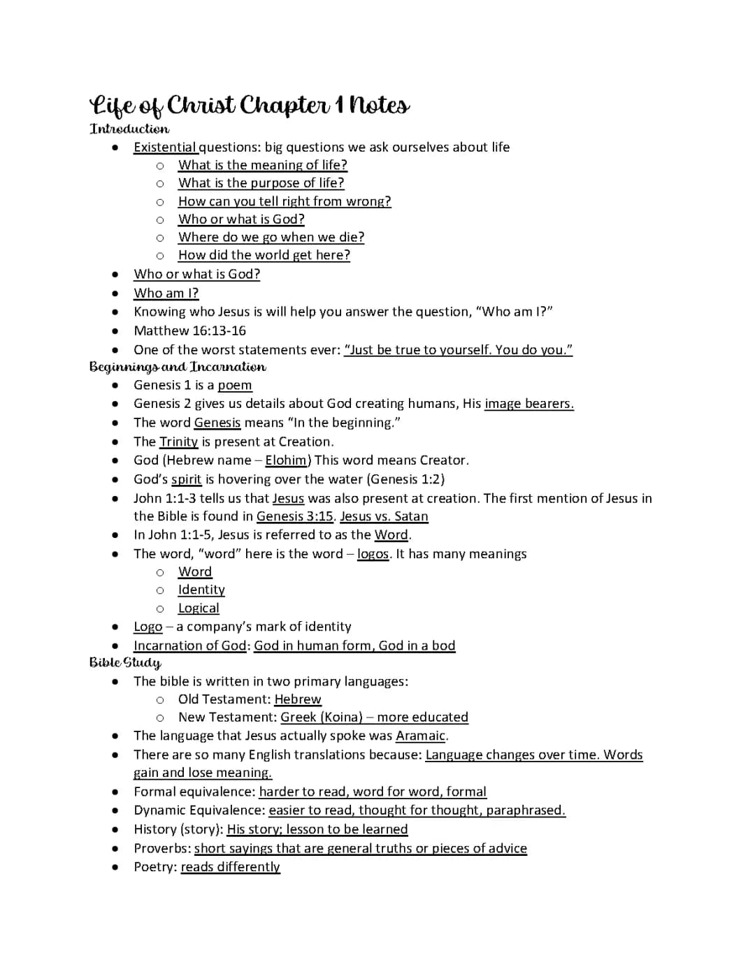 Life of Christ Chapter 1 Notes