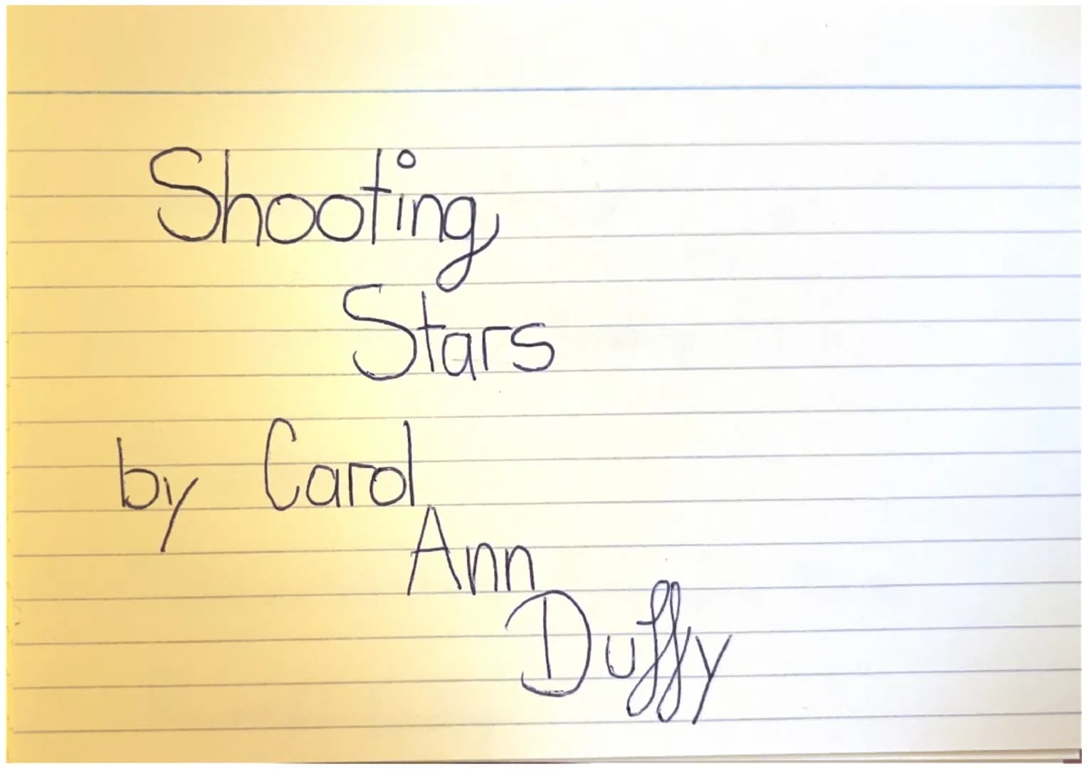 Shooting
Stars
by Carol
Ann
"Am Duffy Line of Thought
0 Persecution + Suffering
2 Stoicism / Identity / Bravery
(3) Rememberence
A Soldiers'