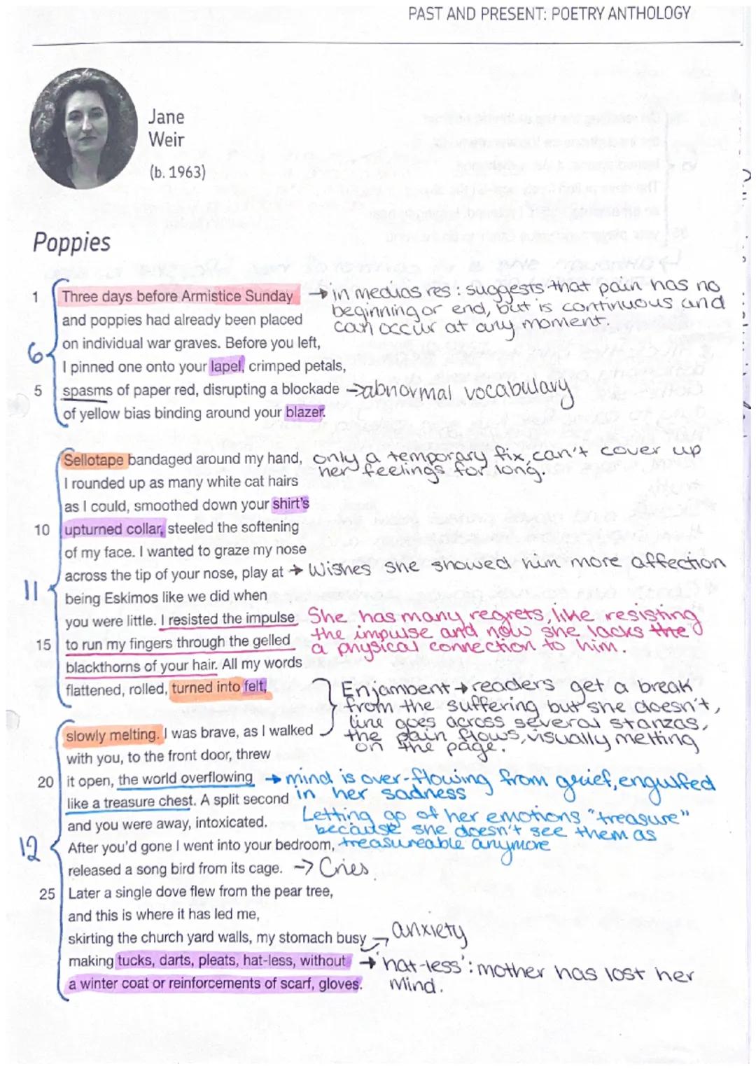 1
Poppies
Three days before Armistice Sundayin medias res: suggests that pain has no
and poppies had already been placed
beginning or end, b