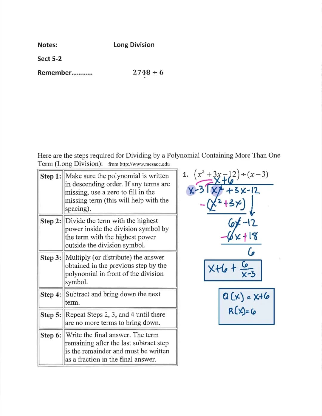 Long division of polynomials