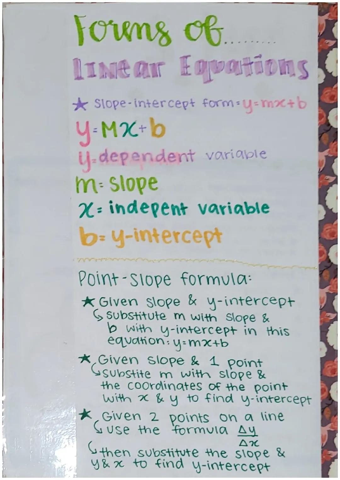 Unit 2 Ⓡ
STUDY
GUIDE
Sanviti Amarnath
P: 3
What we're going to cover:
1. Forms of Linear Equations:
* Slope-Intercept Form: y=mx+b (know eac