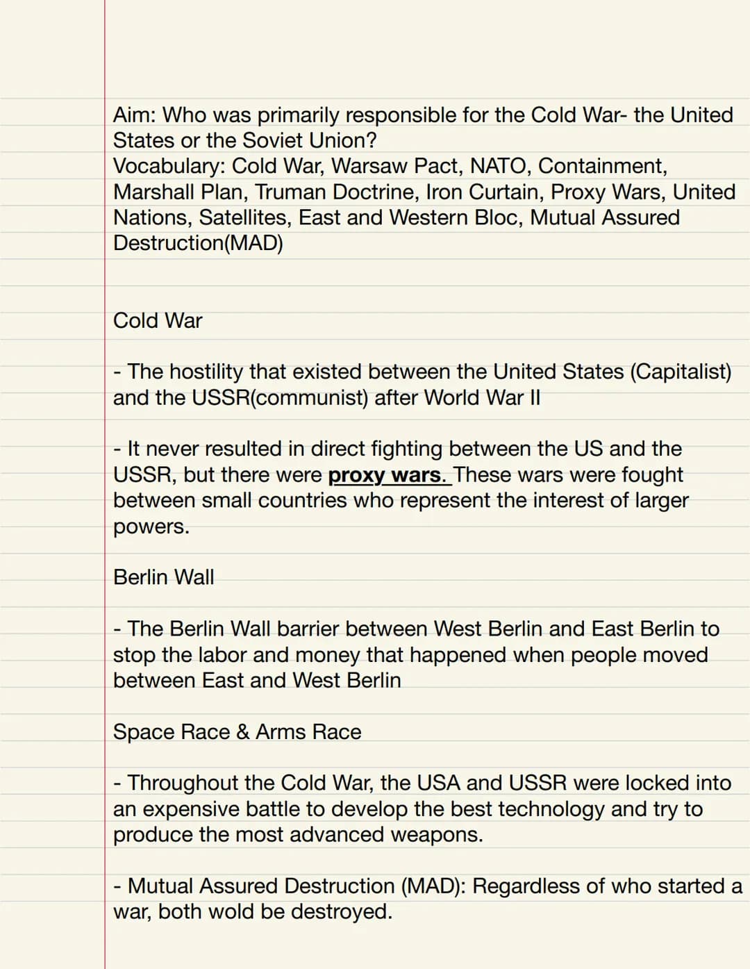  Aim: Who was primarily responsible for the Cold War- the United
States or the Soviet Union?
Vocabulary: Cold War, Warsaw Pact, NATO, Contai