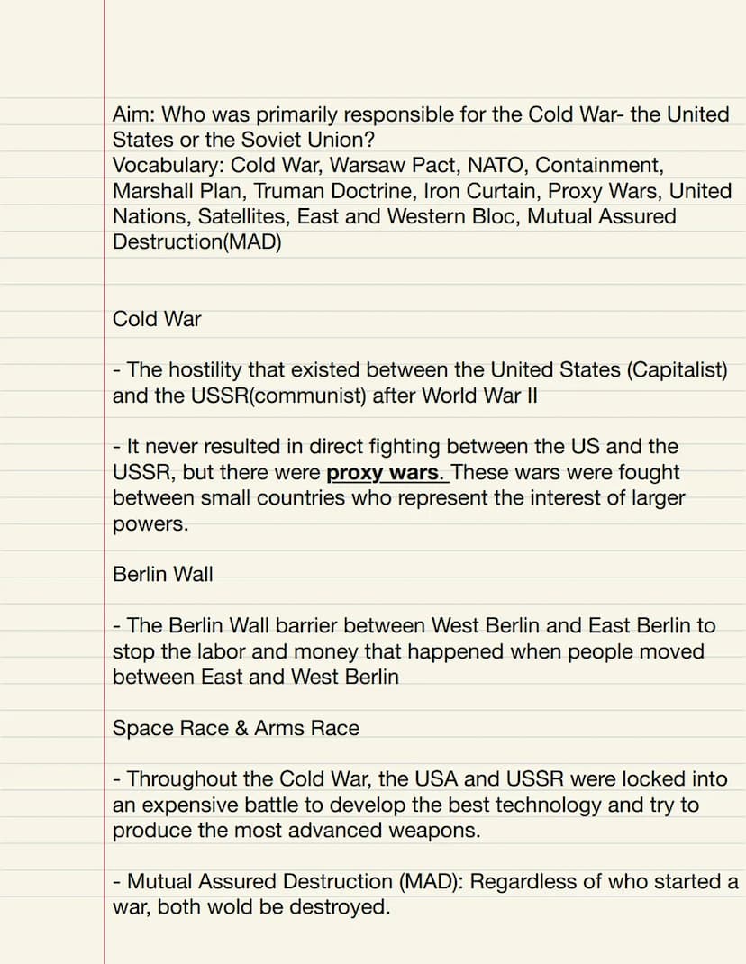  Aim: Who was primarily responsible for the Cold War- the United
States or the Soviet Union?
Vocabulary: Cold War, Warsaw Pact, NATO, Contai