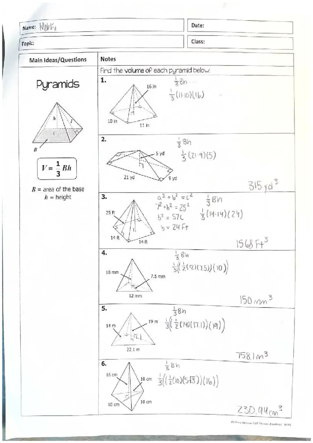 Volume of Pyramids and Cones 