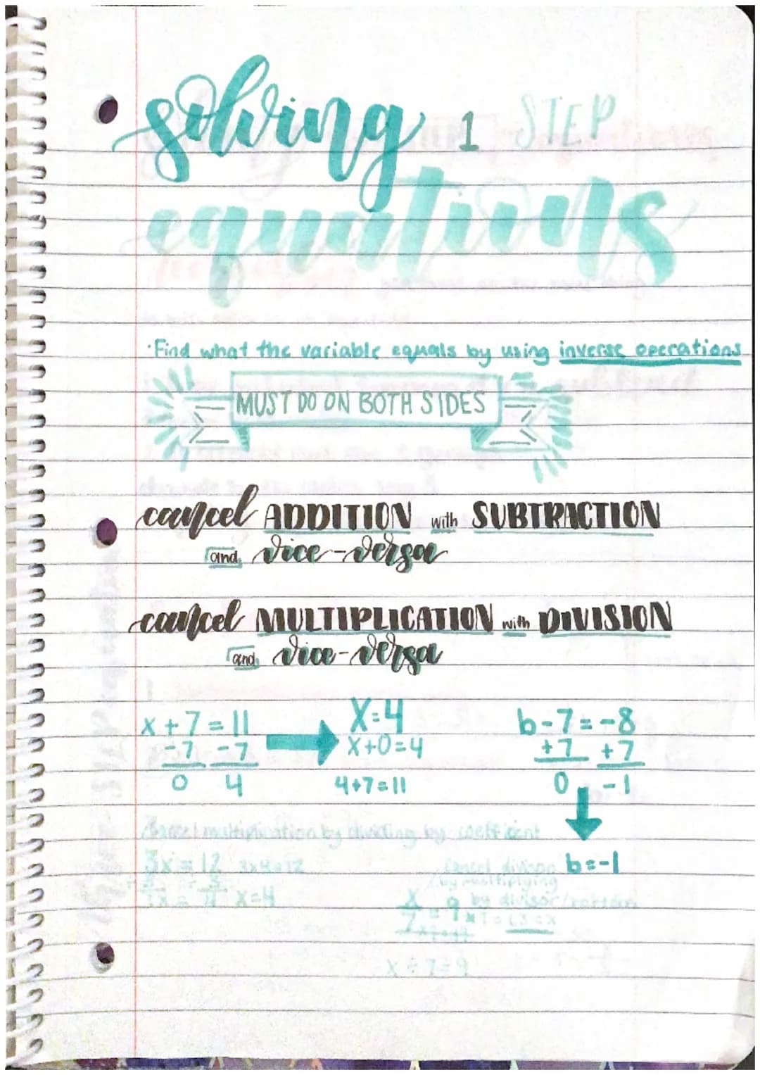 000000000
solving
fronts
1 STEP
ege
•Find what the variable equals by using inverse operations
MUST DO ON BOTH SIDES
cancel ADDITION Wwith S