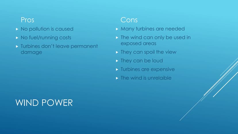 RENEWABLE ENERGY
RESOURCES
Pros and cons Pros
No pollution is caused
No fuel/running costs
Turbines don't leave permanent
damage
WIND POWER
