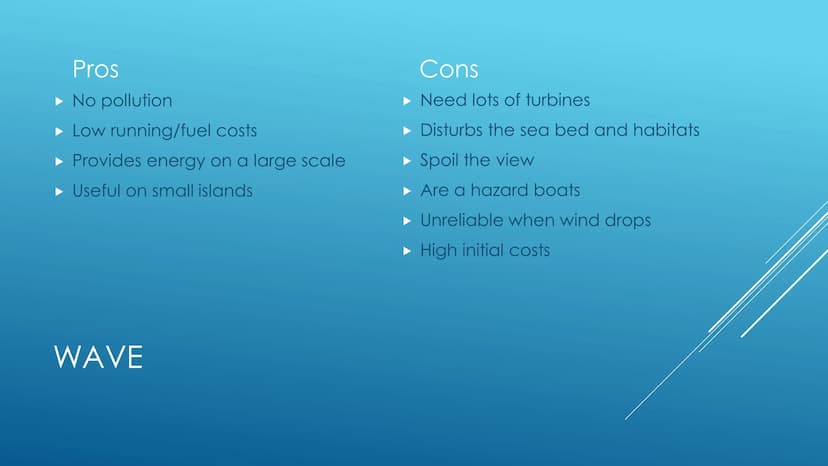 RENEWABLE ENERGY
RESOURCES
Pros and cons Pros
No pollution is caused
No fuel/running costs
Turbines don't leave permanent
damage
WIND POWER

