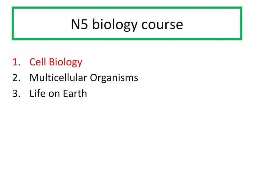 N5 Unit 1 KA5
Genetic Engineering N5 biology course
1. Cell Biology
2. Multicellular Organisms
3. Life on Earth Unit 1 Cell Biology
1. Cell 