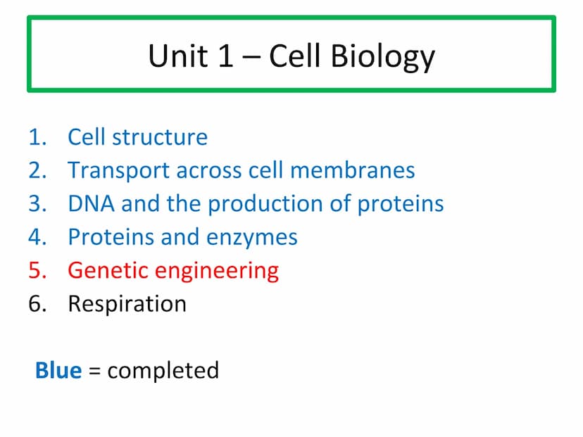 N5 Unit 1 KA5
Genetic Engineering N5 biology course
1. Cell Biology
2. Multicellular Organisms
3. Life on Earth Unit 1 Cell Biology
1. Cell 