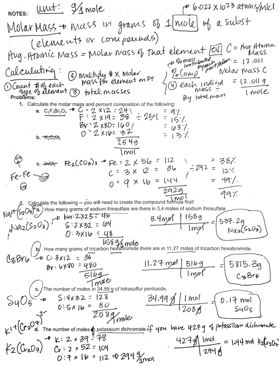 unt: 9/1 mole
NOTES:
P
Molar Mass + mass in grams of I mole of a subst
Telements or compounds)
Aug. Atomic Mass = Molar mass of that element