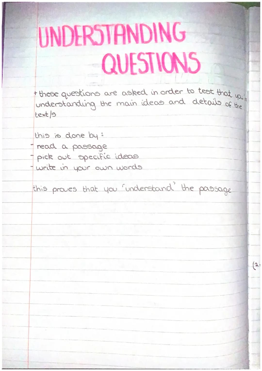 UNDERSTANDING
QUESTIONS
Tot take
+ these questions are asked in order to test that you
understanding the main ideas and details of the
text/