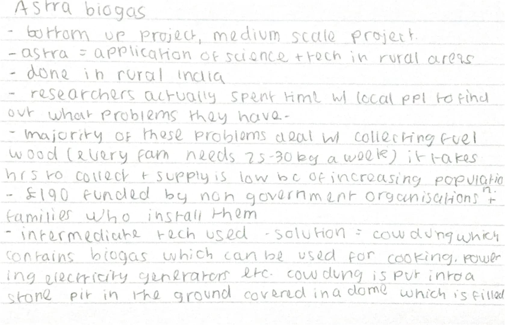 Astra biogas
bottom up project, medium scale project.
- astra = application of science + tech in rural areas
done in rural india
researchers
