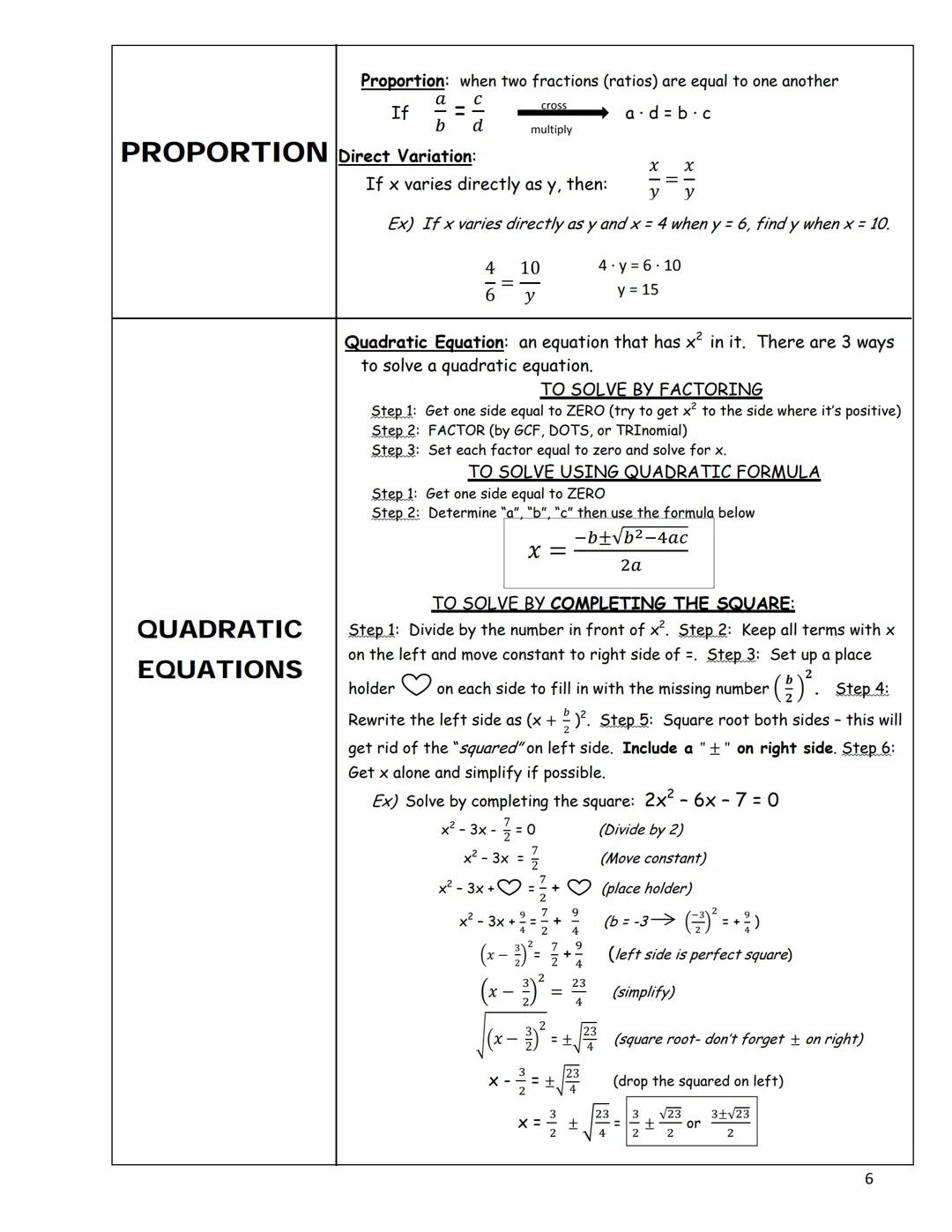 Things to Know for the
Common Core Algebra 1 Regents Exam
Square: A = s² Rectangle: A = LW Triangle: A = bh
AREA
CALCULATOR
DIRECT
VARIATION