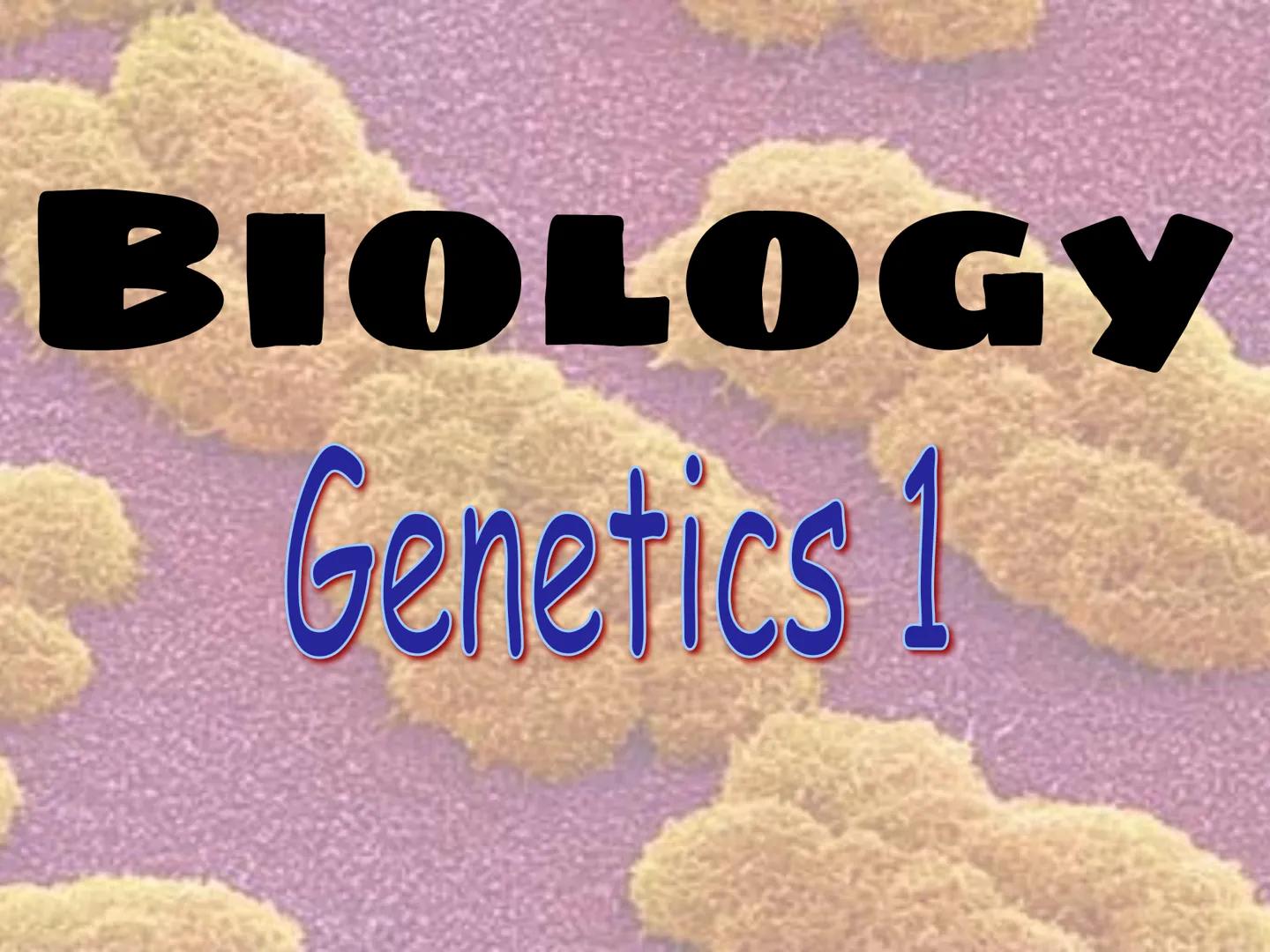 BIOLOGY
Genetics 1 ●
●
Genetics - the study of heredity
Heredity - passing on of traits
Chromosomes - the genetic
from generation to generat