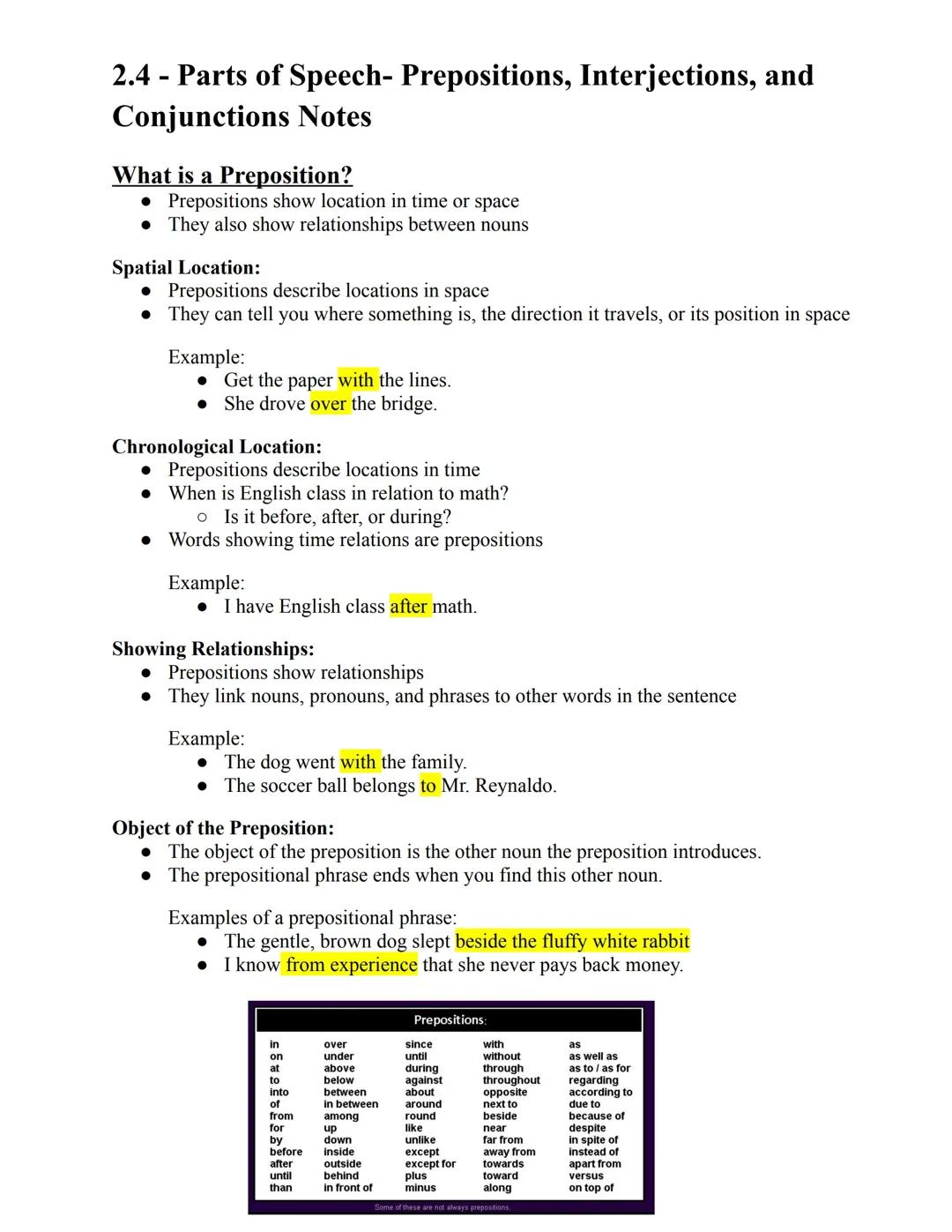 Parts of Speech- Prepositions, Interjection, and Conjunctions Notes