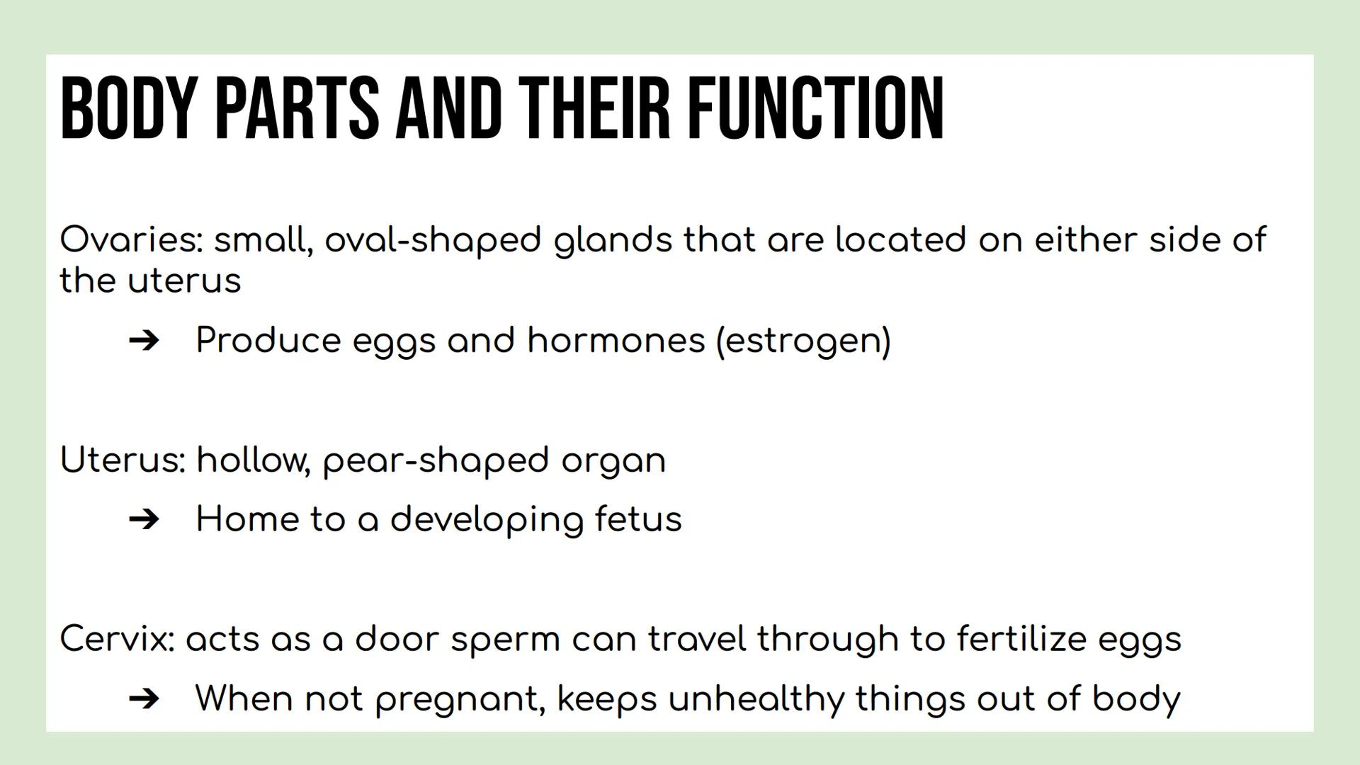 DAY 3 NOTES: FEMALE ANATOMY REMINDERS
Reproductive System: group of tissues, glands and organs that work
together to produce an offspring
Ma