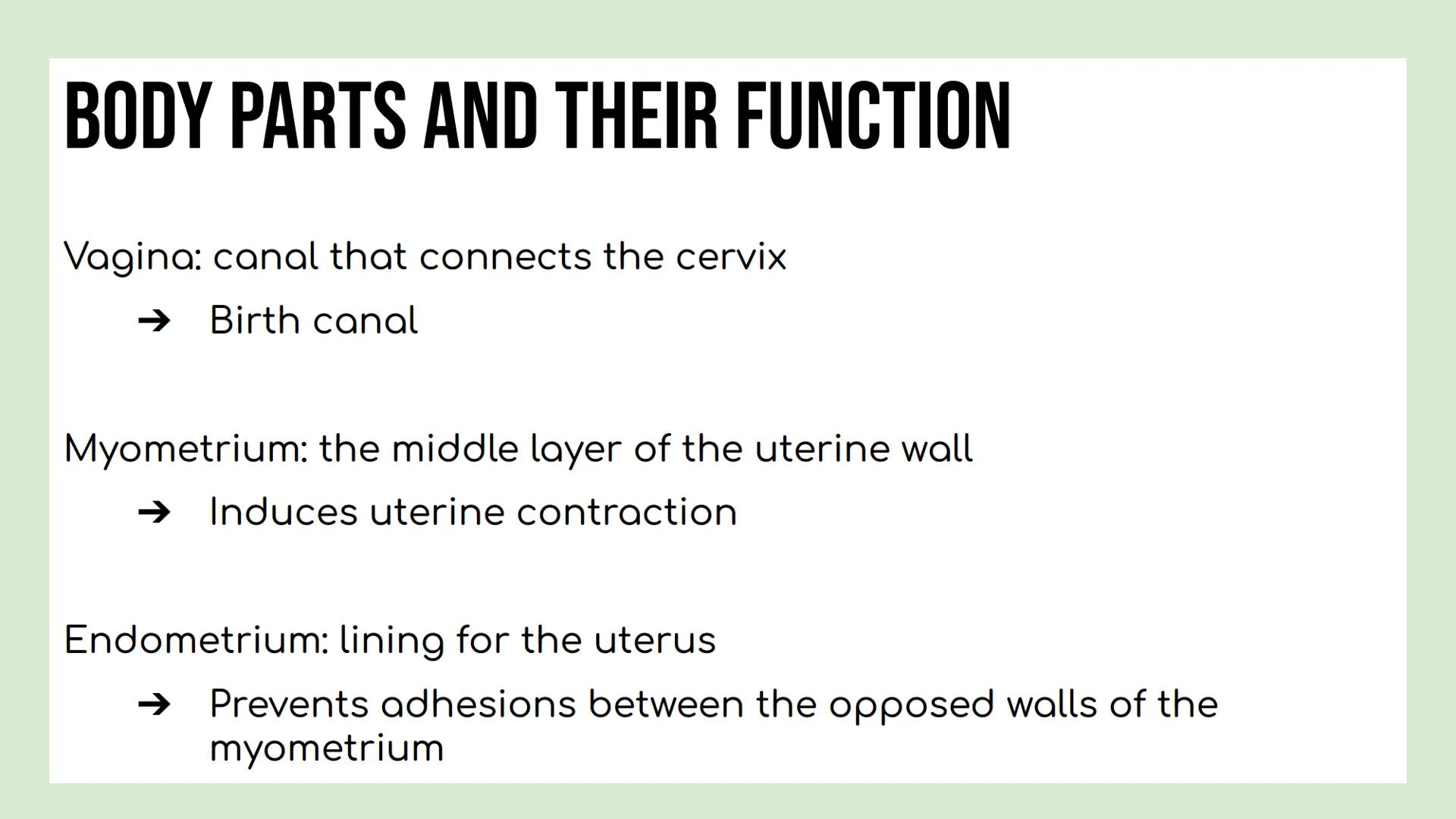 DAY 3 NOTES: FEMALE ANATOMY REMINDERS
Reproductive System: group of tissues, glands and organs that work
together to produce an offspring
Ma