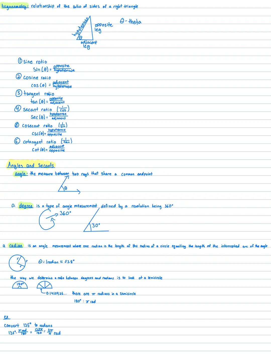 trigonometry relationship of the ratio of sides of a right triangle
hypotenuse
opposite
leg
adjacent
leg
-theta
sine ratio
Sin (0) = $\fr