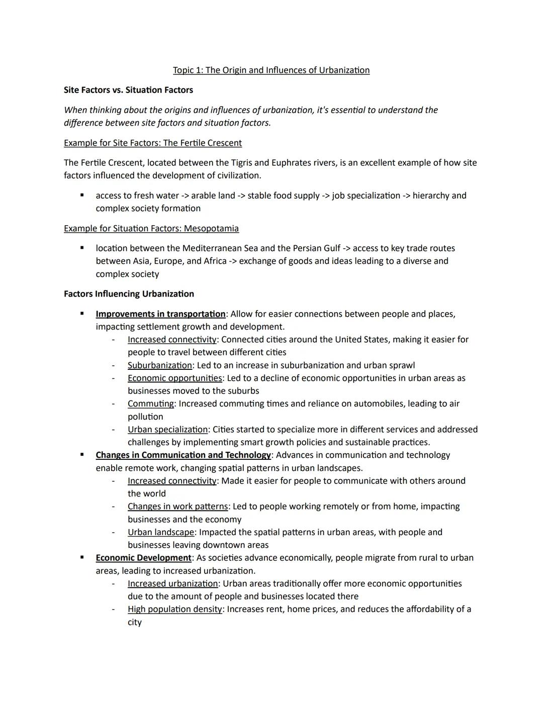 # Unit 6 # Topic 1: The Origin and Influences of Urbanization
Site Factors vs. Situation Factors
When thinking about the origins and influ