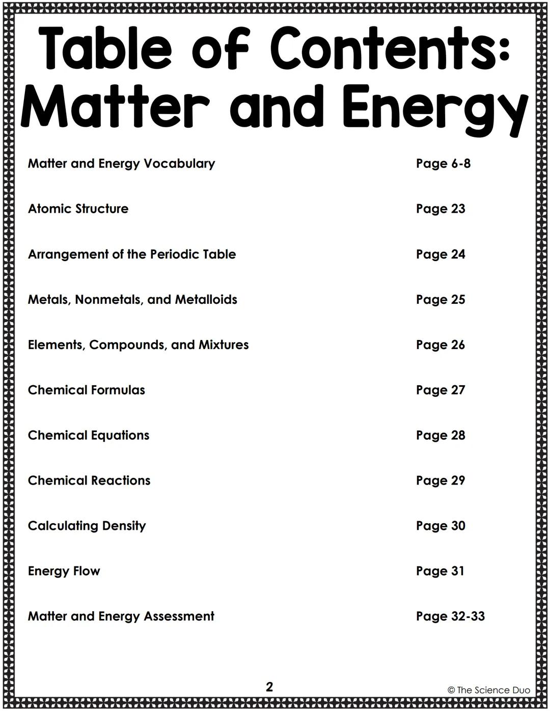 Name:
8th Grade Science
STAAR
Review Booklet
MMM
My STAAR Goal:
The Science Duo Table of Contents:
Matter and Energy
Matter and Energy Vocab