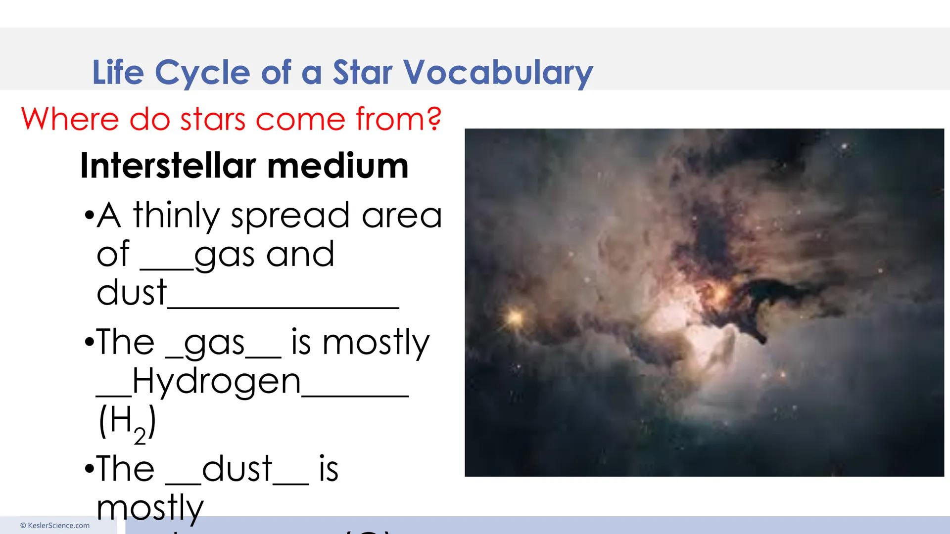 Low-mass stars
High-mass stars
Red giant
Arcturus
Mid-sized star
The Sun
Red
dwarf
Proxima
Protostar
V1647 Orionis
Star-forming
nebula
Eagle