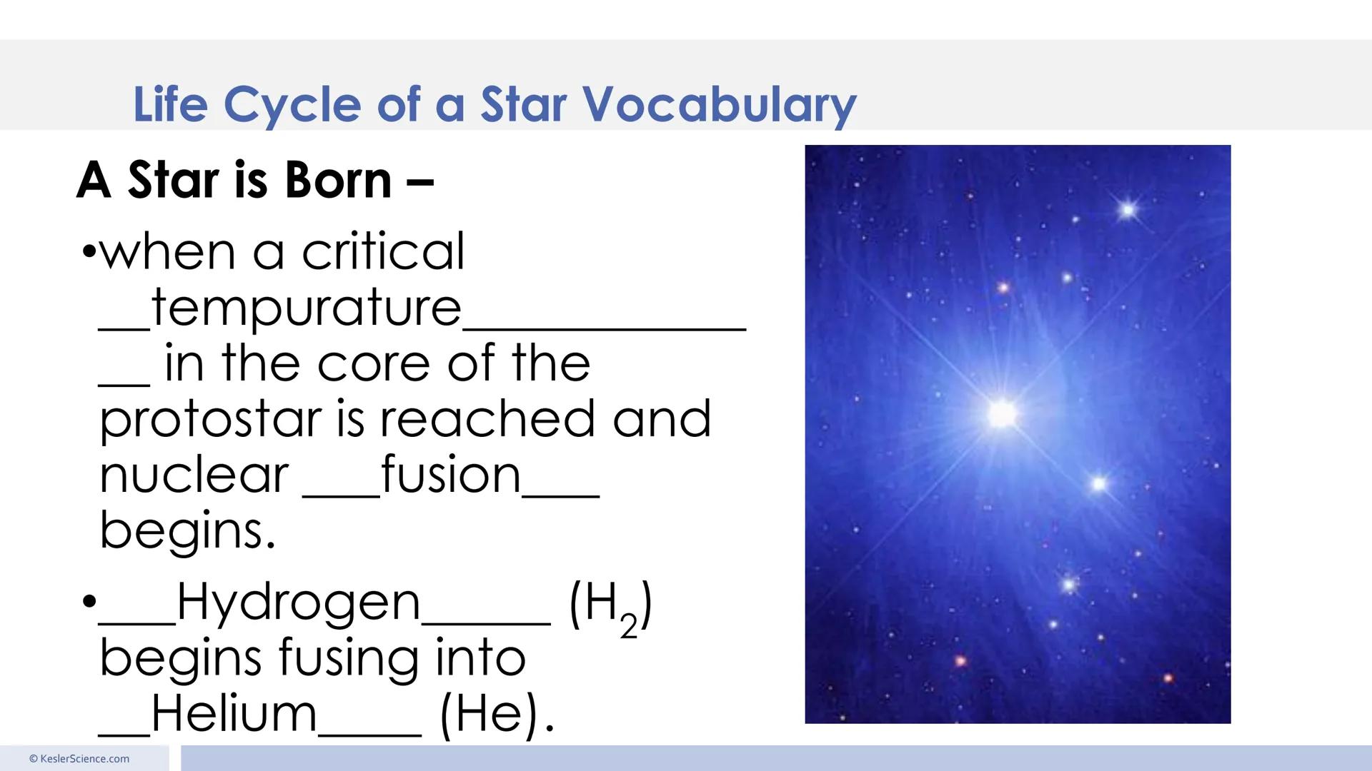 Low-mass stars
High-mass stars
Red giant
Arcturus
Mid-sized star
The Sun
Red
dwarf
Proxima
Protostar
V1647 Orionis
Star-forming
nebula
Eagle