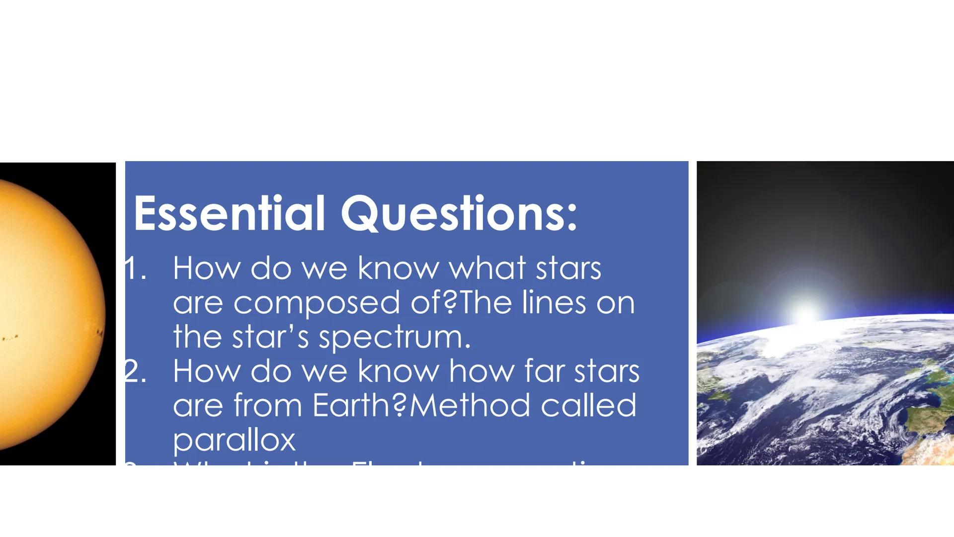 Electromagnetic
Spectrum
Presented by Kesler Science Essential Questions:
1. How do we know what stars
are composed of? The lines on
the sta