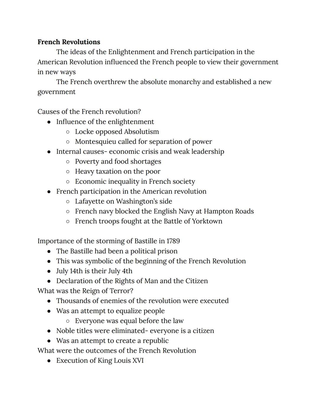 French Revolutions
The ideas of the Enlightenment and French participation in the
American Revolution influenced the French people to view t