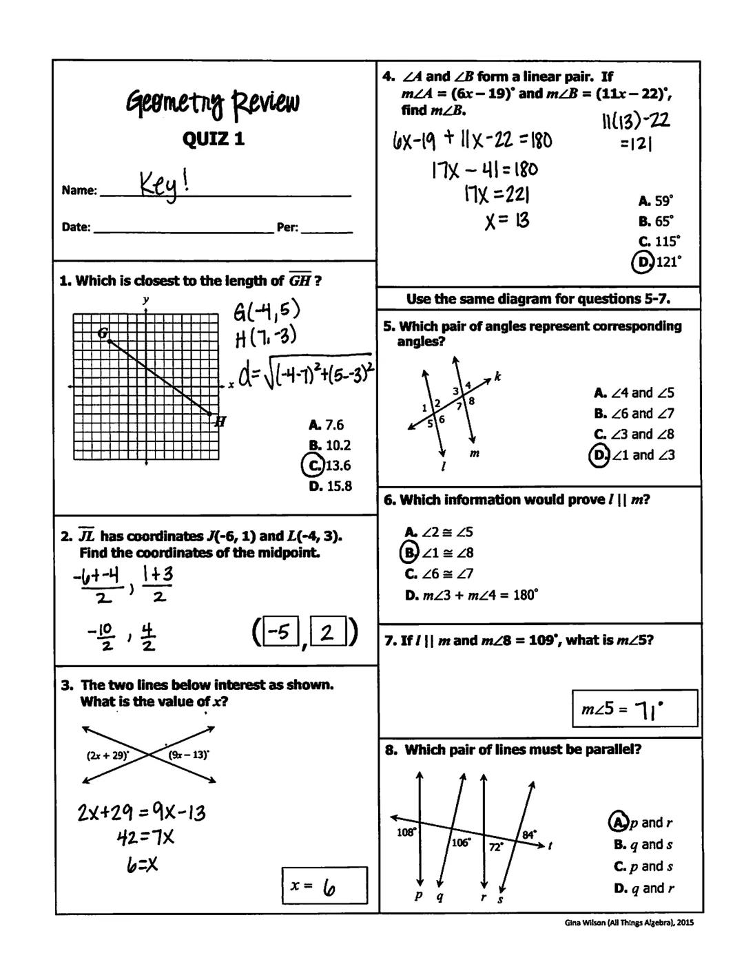 Name:
Key!
Geometry Review: Packet #1
Topic #1: Distance & Midpoint
Distance Formula:
d = √(x2-x1)² + (y 2-y₁)²
Midpoint Formula:
M = (x₁ +