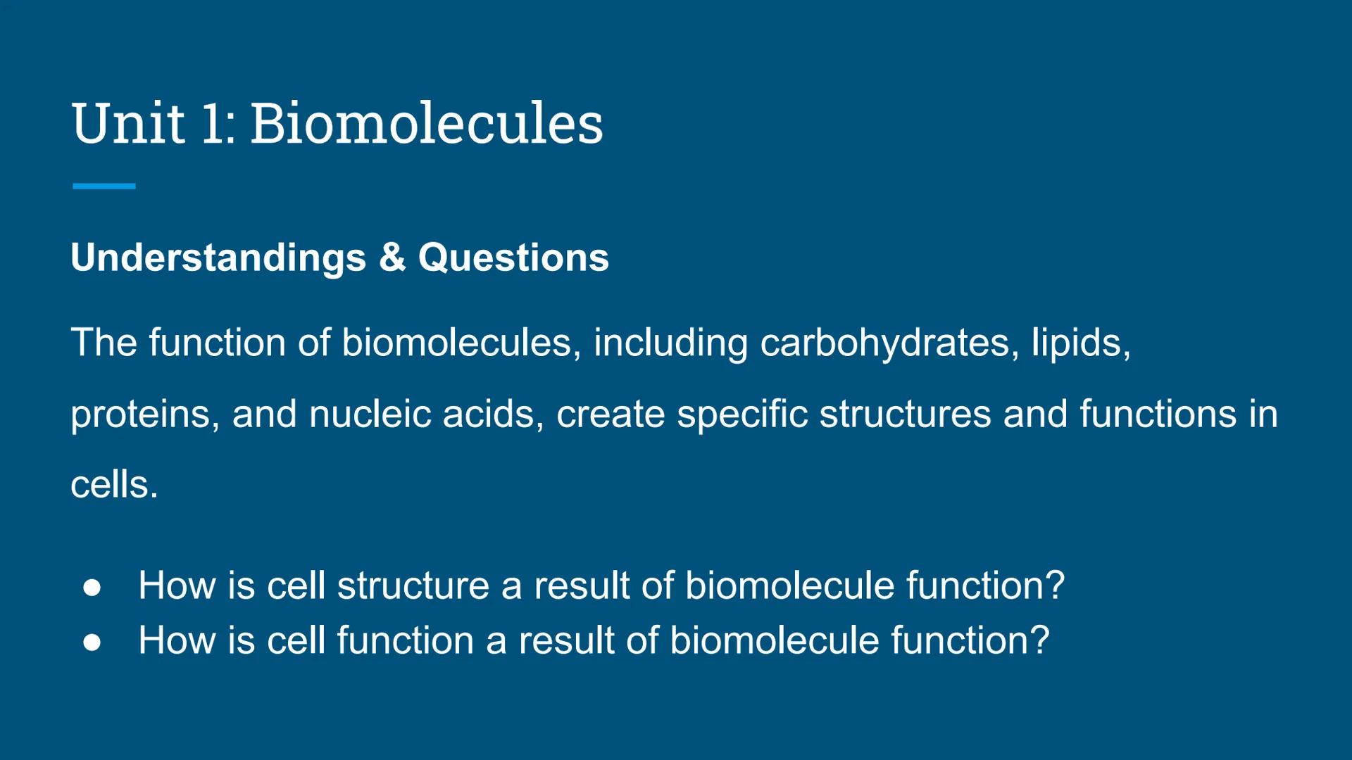 Benchmark Review
Benchmark 12/18/24 Unit 1: Biomolecules
Understandings & Questions
The function of biomolecules, including carbohydrates, l