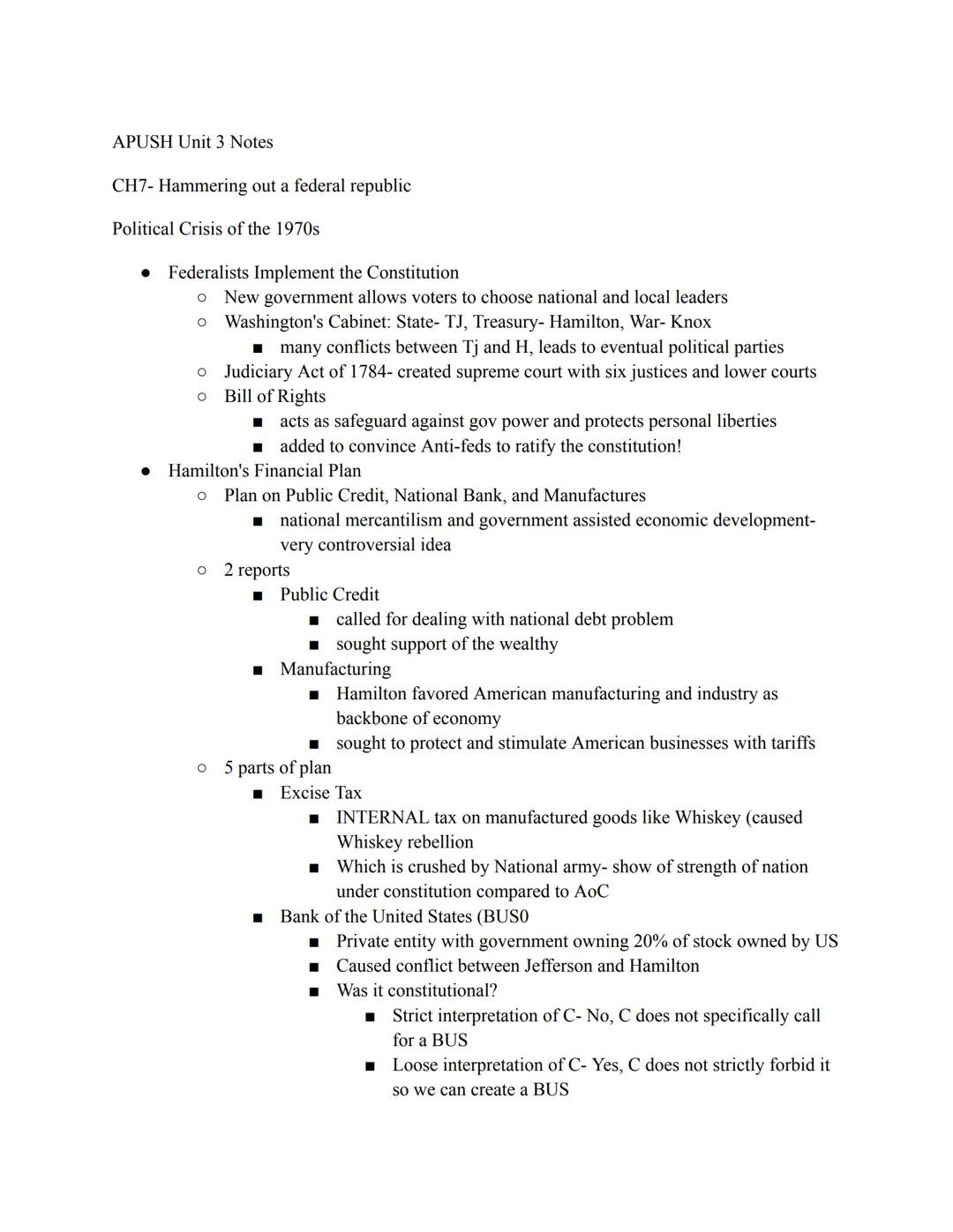 APUSH Unit 3 Notes
CH7- Hammering out a federal republic
Political Crisis of the 1970s
• Federalists Implement the Constitution
• New gov
