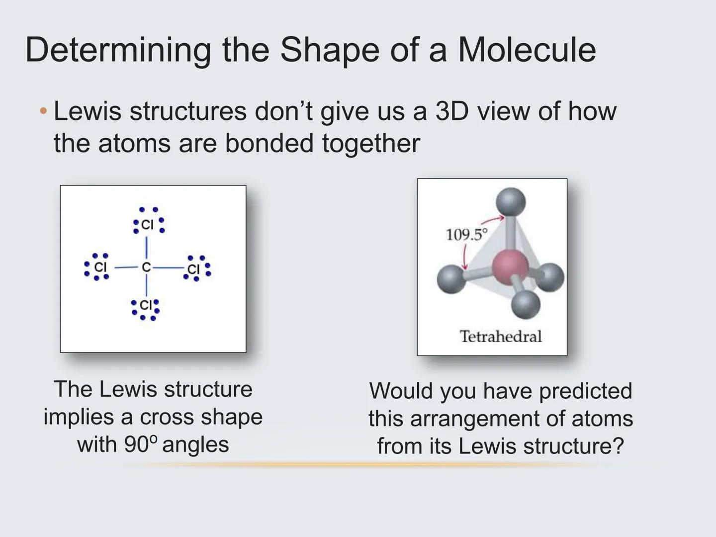 Molecular Geometry
The Shapes of Molecules Molecular Geometry
.
The 3D arrangement of atoms
that constitute a molecule
• Includes the genera