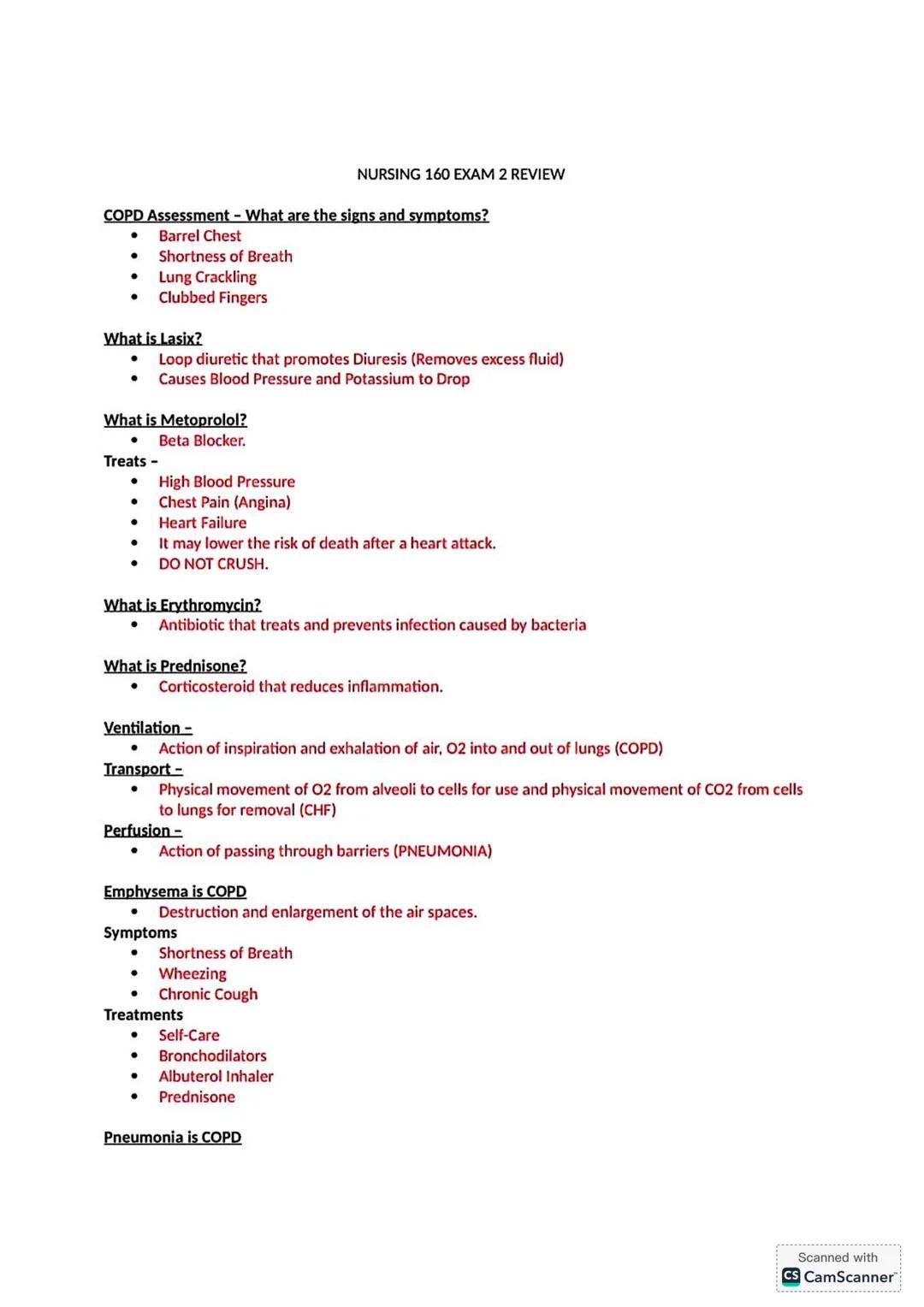 NURSING 160 EXAM 2 REVIEW
COPD Assessment - What are the signs and symptoms?
- Barrel Chest
- Shortness of Breath
- Lung Crackling
- Clubbed