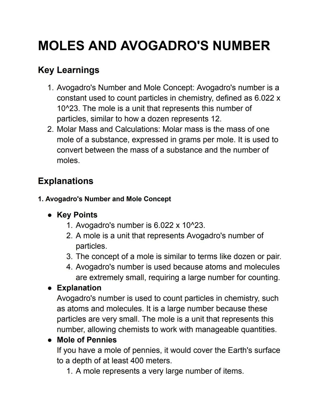 # MOLES AND AVOGADRO'S NUMBER
## Key Learnings
1. Avogadro's Number and Mole Concept: Avogadro's number is a
constant used to count partic
