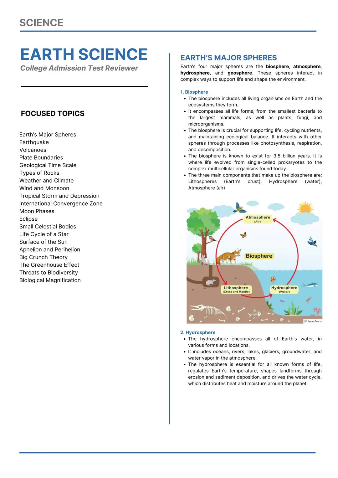 SCIENCE
EARTH SCIENCE
College Admission Test Reviewer
FOCUSED TOPICS
Earth's Major Spheres
Earthquake
Volcanoes
Plate Boundaries
Geological