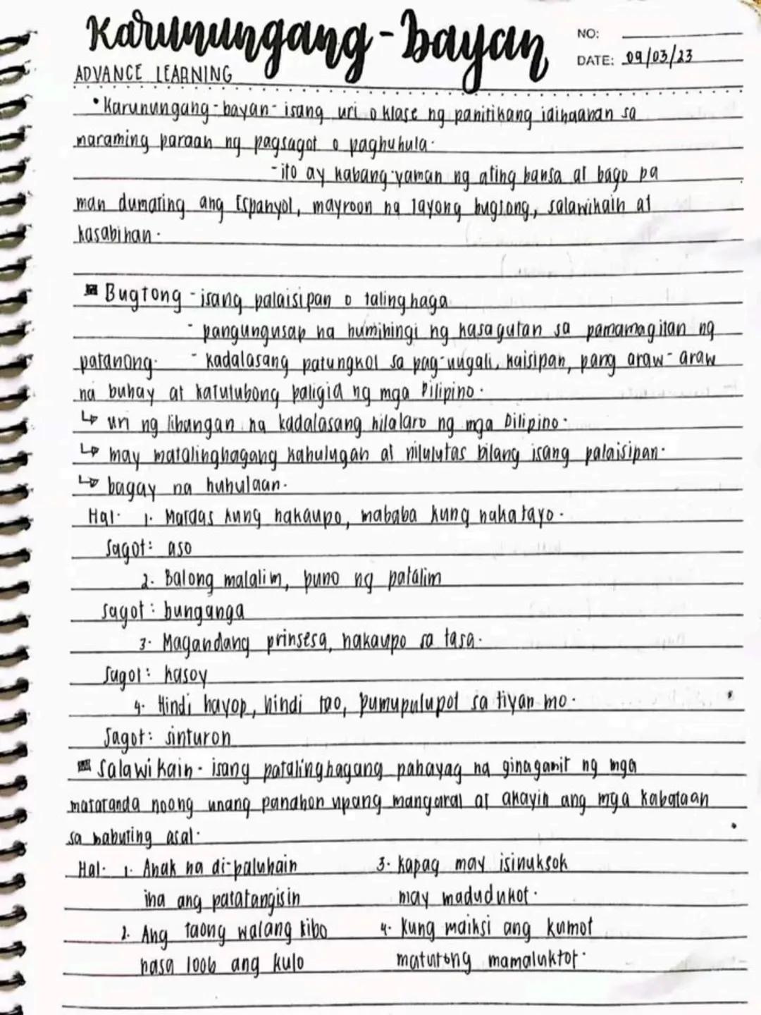 --- OCR Start ---
DATE:
lecture notes in
FILIPINO 8
1st
OTR
Spring Seaf
1st Quarter
bayan
NO
DATE: 19/03/13
se ng panitikang idinaanan so
am