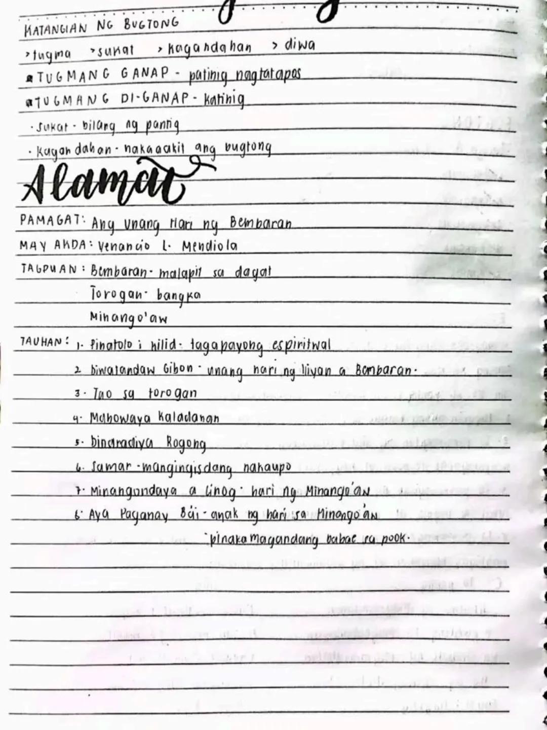 --- OCR Start ---
DATE:
lecture notes in
FILIPINO 8
1st
OTR
Spring Seaf
1st Quarter
bayan
NO
DATE: 19/03/13
se ng panitikang idinaanan so
am