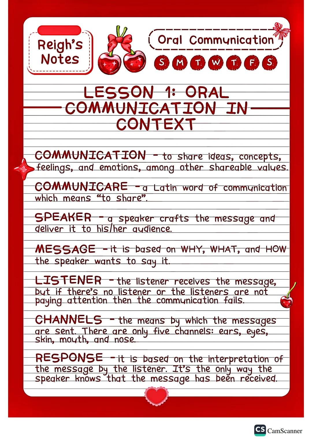 Reigh's
Notes
Oral Communication
SMTWTF S
LESSON 1: ORAL
COMMUNICATION IN
CONTEXT
COMMUNICATION - to share ideas, concepts,
feelings, and em